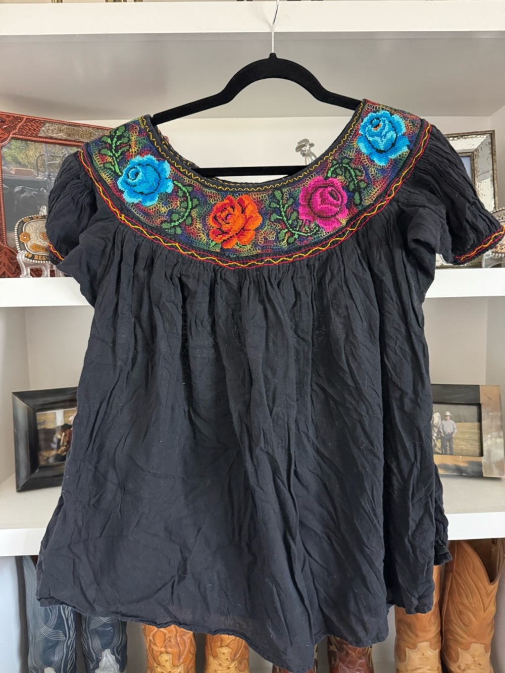 Ethnic Top Handsewn Mexican Flower Blouse